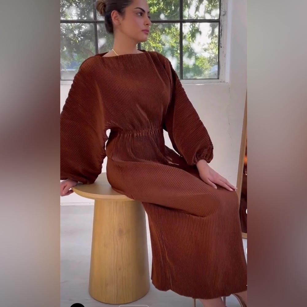 JOILLEA Truffle Crepe Long Sleeve Maxi Dress